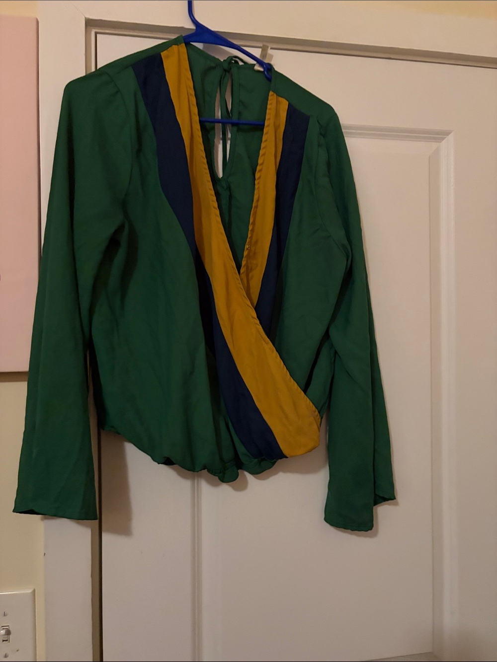 Green Wrap Blouse with Navy & Mustard Stripe